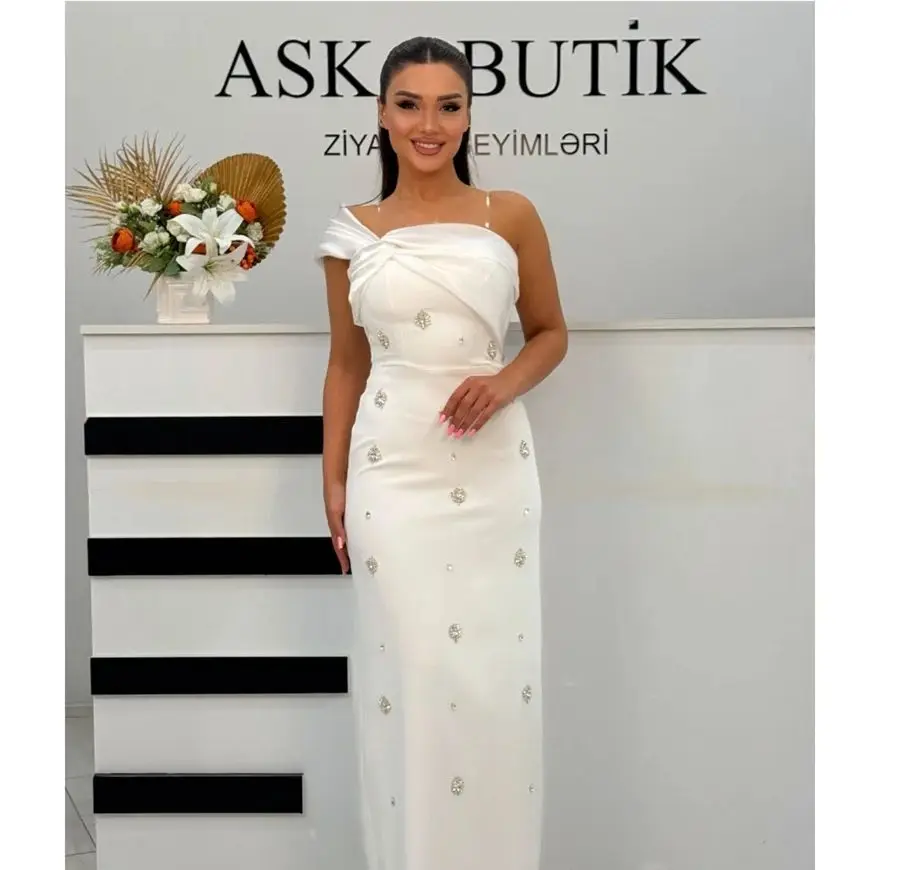 

Customized White Prom Dress Simple Sleeveless vestidos de noiva Formal Evening Dress One-shoulder Rhinestone Wedding Party Dress