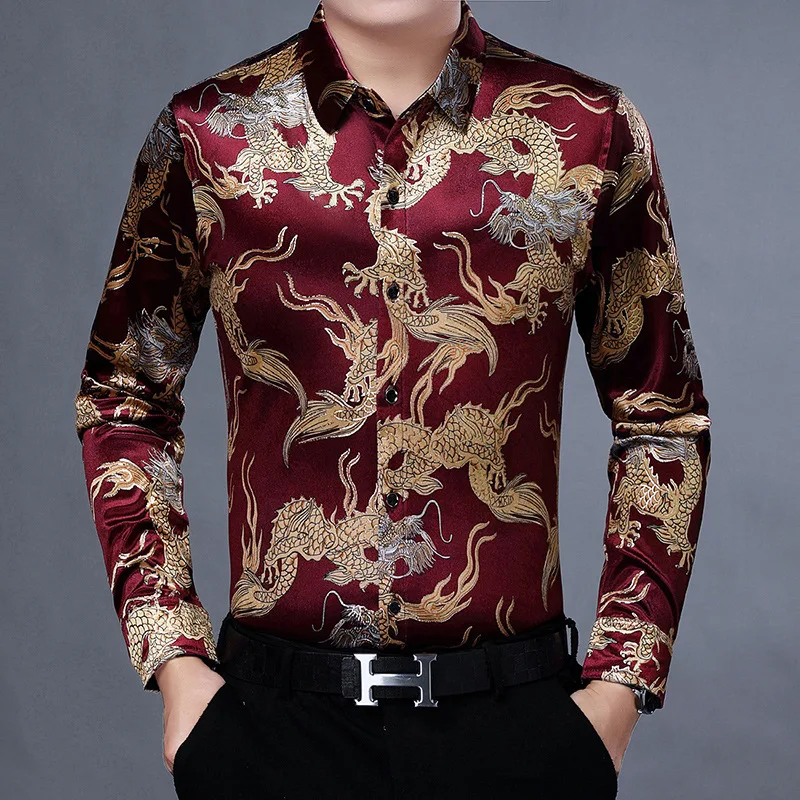 Bronzing Luxury Chinese Style Shirts For Men Long Sleeved Casual Spring New Quality Velvet Smooth Comfortable Slim Chemise Homme