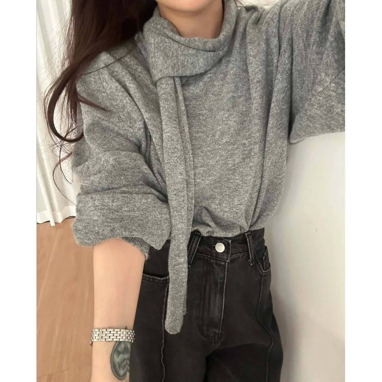 여성용 시크 니트 스웨터 롱 슬리브 스카프 겸용 다용도 가을 겨울 신상 슬레 여성 패셔너블 탑