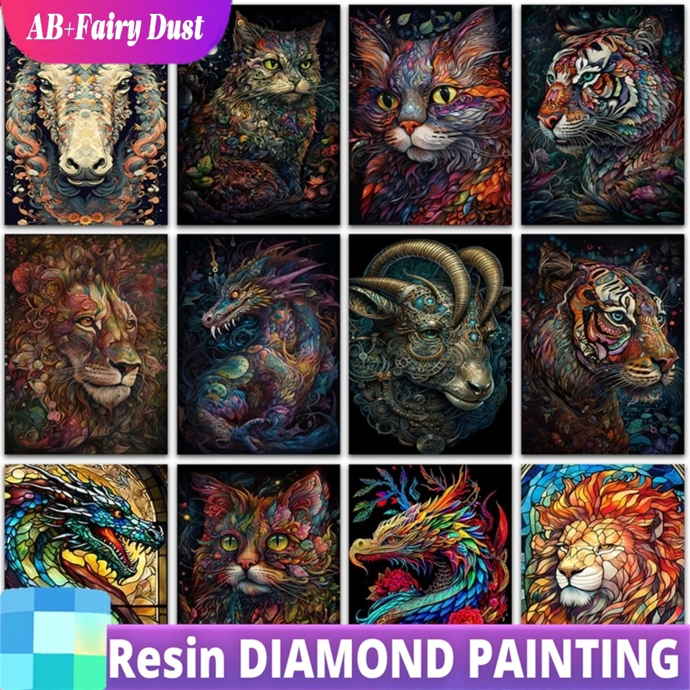 

Смола AB Фея Пыль 5D DIY Алмазная картина Животные Лев Кошка Лошадь Дракон Тигр Искусство Домашний декор Полная мозаика Вышивка крестом