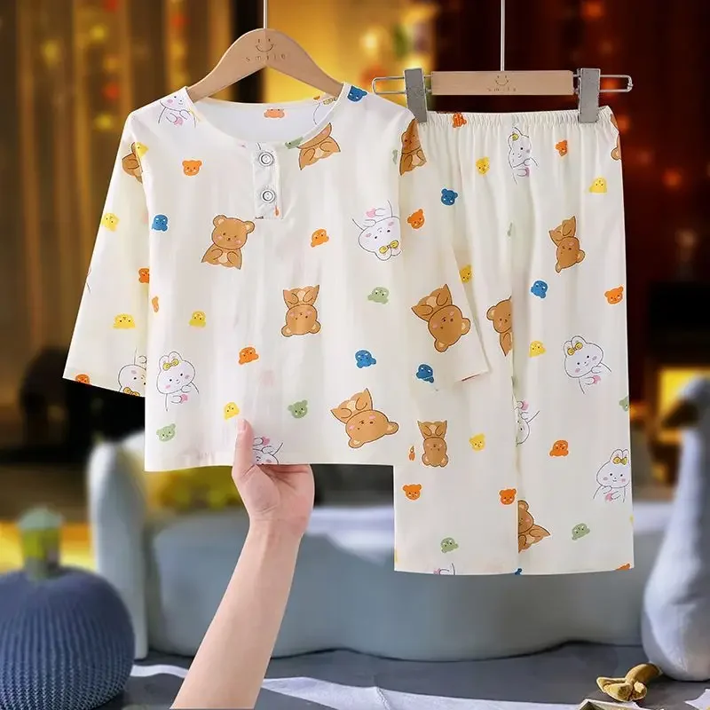 Children Summer Thin Breathable Pajamas Baby Boys Girls Cute Cartoon Dinosaur Print Long Sleeve Casual Sleepwear Clothing Sets