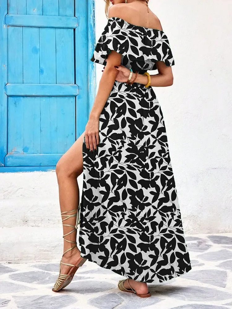 New women's  with plant floral print and hook flower waist, with sleeves and slit cut, a casual dress with a single neckline