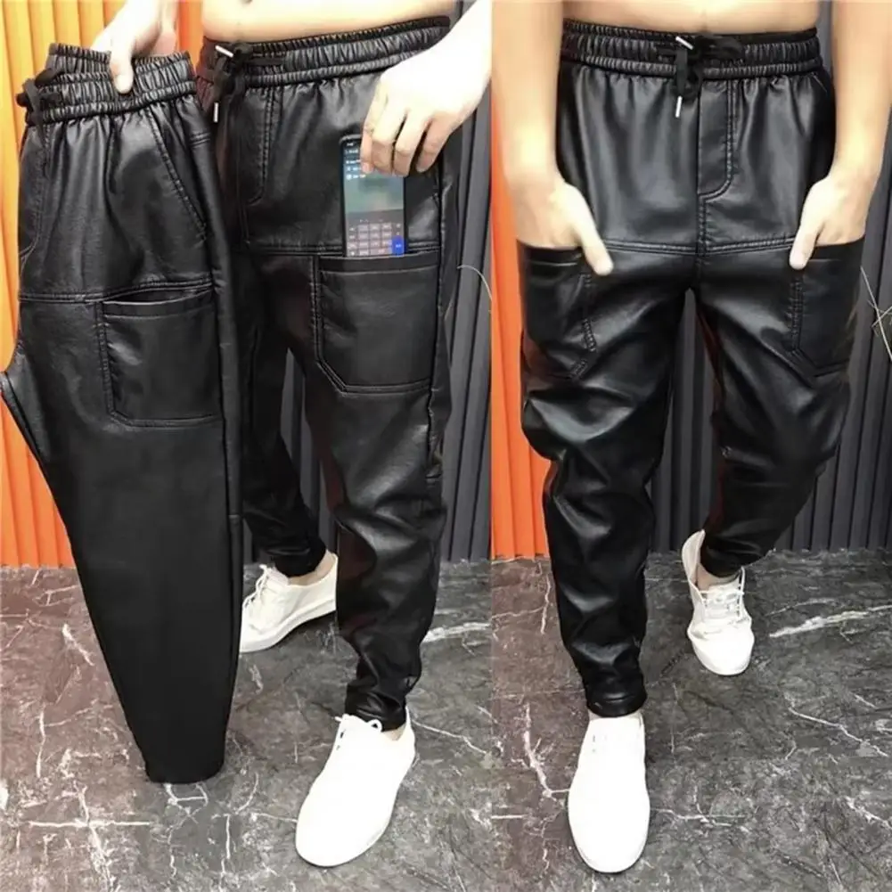 Black Elastic Waist Pants Stylish Men's Faux Leather Pants With Pockets Stretchy Waist Motorcycle Style Trousers For Spring Fall