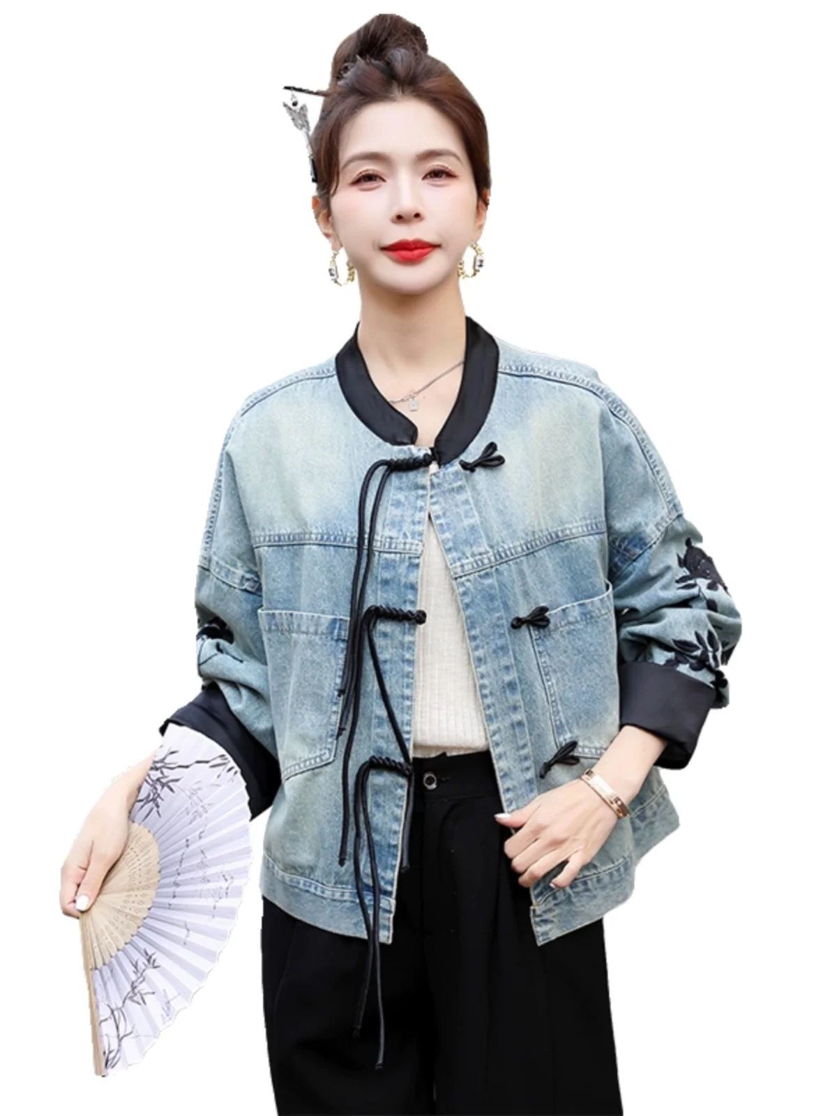 New Chinese Sle Women's Denim Jaet Spring Autumn Loose Faion Design Sensation Sli National Sle Top