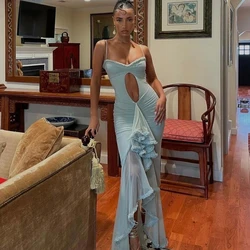 Blue Long Party Dress Summer Sexy Spaghetti Straps Hollow Out Bodycon Dresses Women Ruffles Irregular Evening Wedding Dress 2024