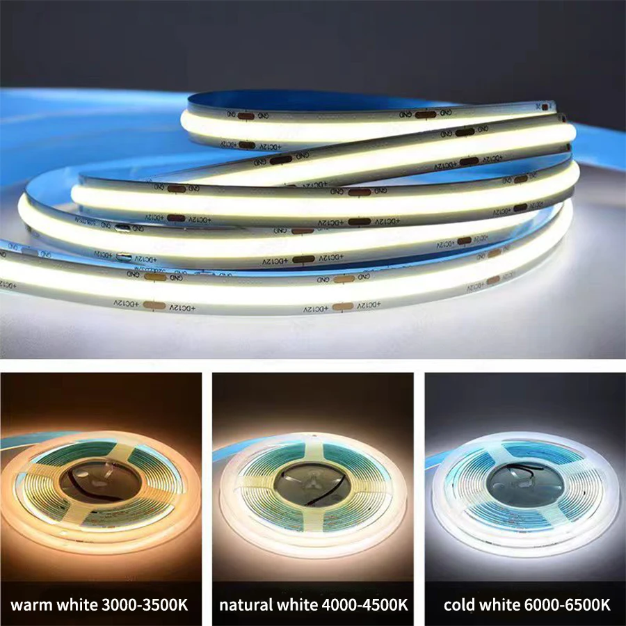 1M 2M 3M 5M 10M COB LED Strip Lights 12V 24V Elastyczna taśma diodowa o wysokiej gęstości 3000K 4500K 6500K Liniowa ściemnialna do dekoracji pokoju