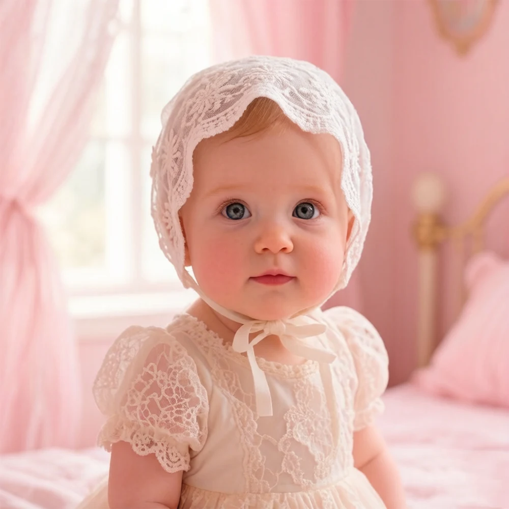 

Delicate Lace Christening Bonnet for Newborn Girls - Vintage Style Baby Hat for Photography, Baptism, Summer & Baby Shower Gift