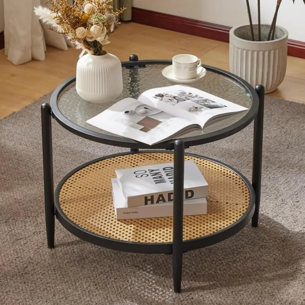 Rattan Coffee Table, Round Water-Wave Glass Metal Center Table, Modern Coffee Table with