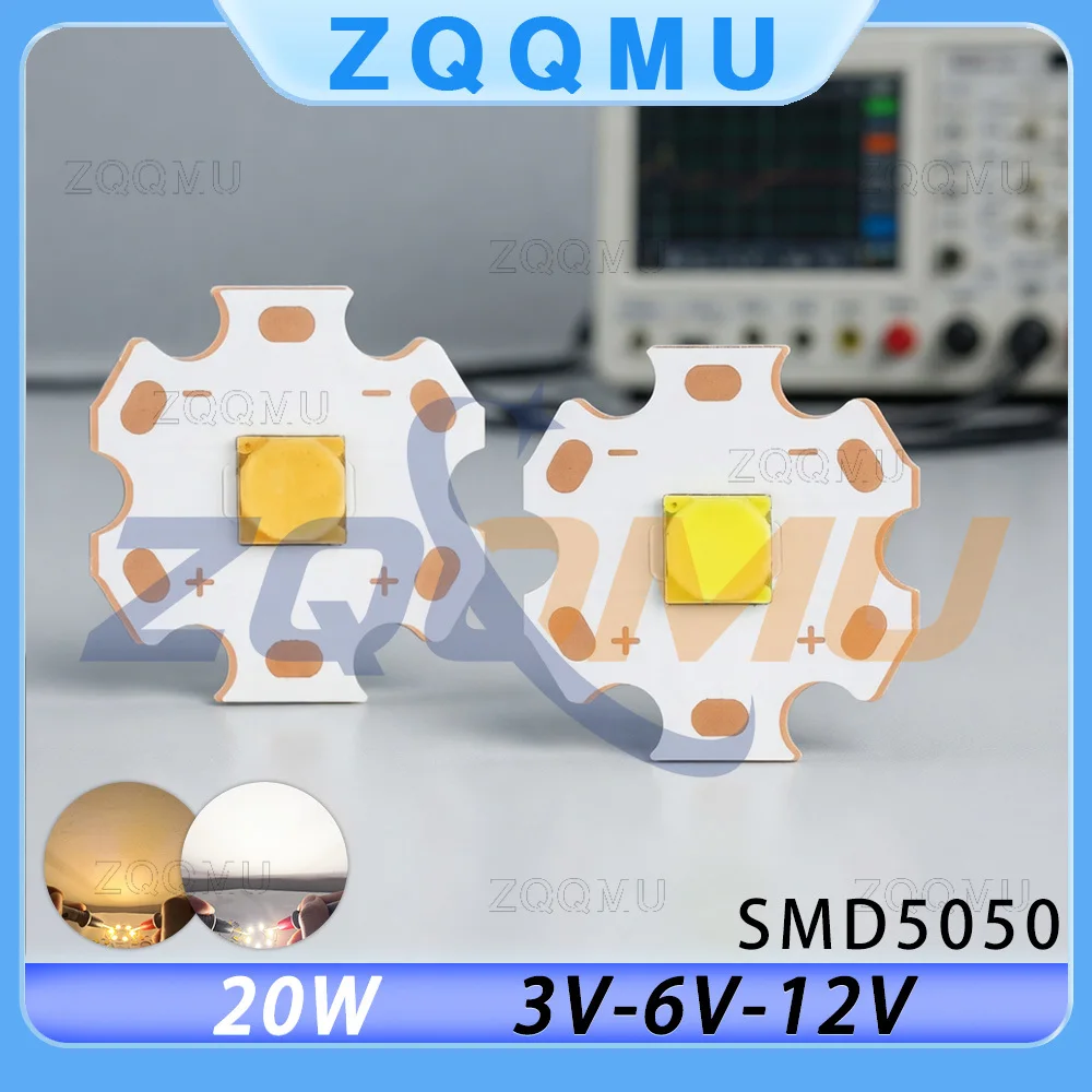 ZQQMU 20W 5050 High Brightness LED Chip 12V 6V 3V Warm Cool White 6500K Replace XHP50 Emitter Diode Light 20mm Copper PCB Chip