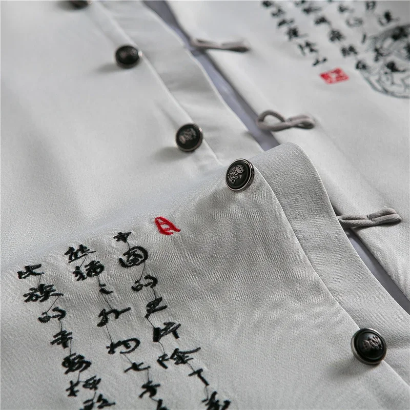 2 Pcs Set Suit Coat Pants / 2023 Fashion Men\'s Casual Boutique Chinese Style Linen Stand Collar Letter Embroidery Suit Trousers