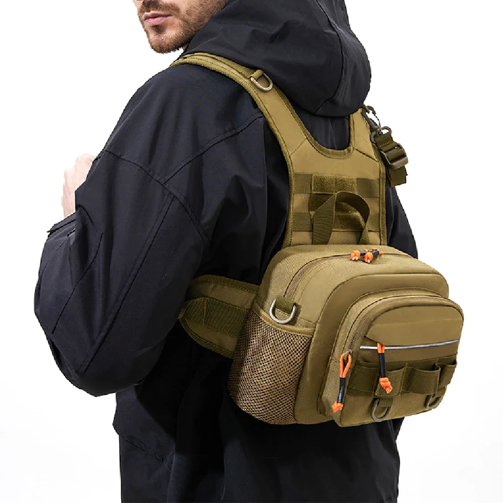 Breathable Fly Fishing Chest Pack, Waterproof Oxford Tackle Vest Bag with D-ring & Whistle Buckle, Multi Compartment Storage