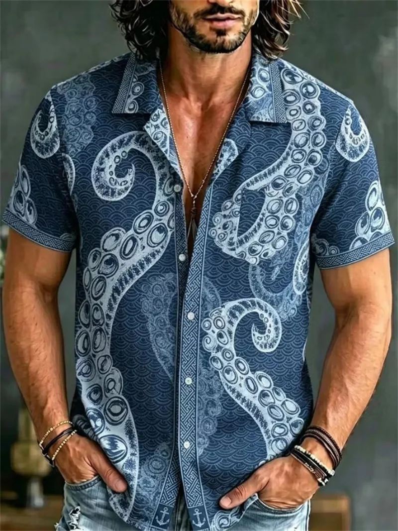 New casual shirt with contrasting colors, waves attract wealth, cat auspicious pattern, lapel short sleeved shirt