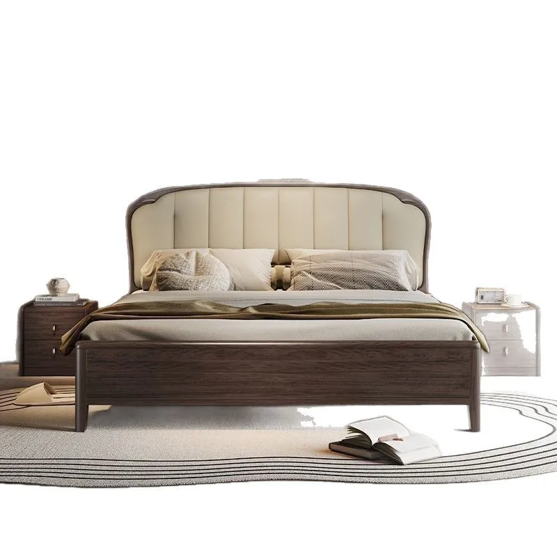 

Кровать из массива дерева, современная простота и легкая роскошь, двуспальная кровать, кожаная обивка для главной спальни, дуб с шиповым соединением, свадебная.