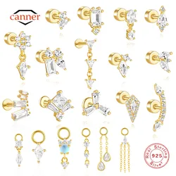 CANNER 1PC Rectangle Geometric Zircon Flat Head Threaded Puncture Horse Eye Earring For Women 925 Sterling Silver Bead Charm