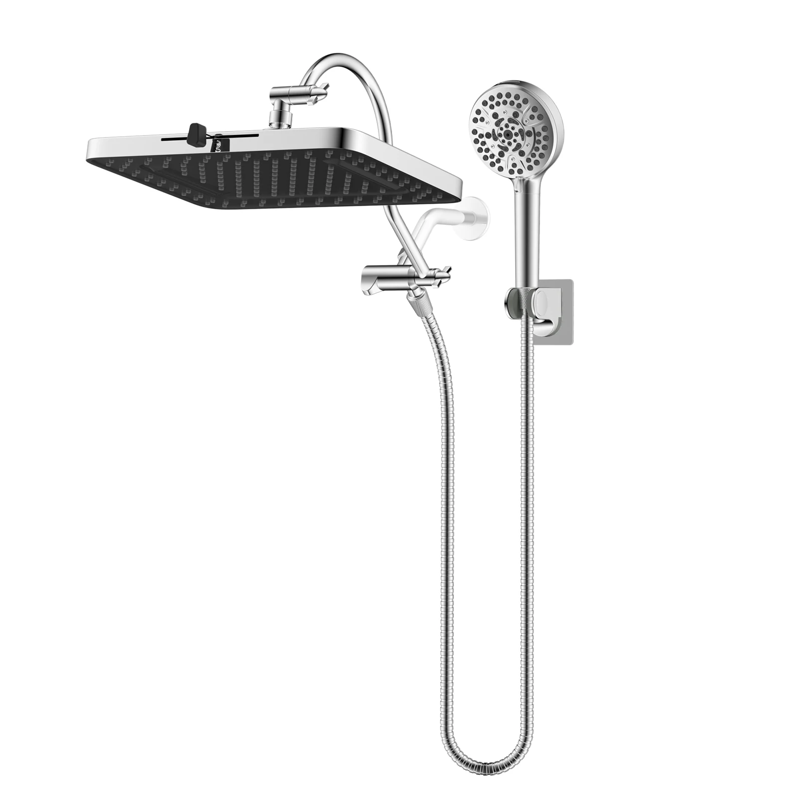 

Hibbent Upgraded 5-spray 13'' Shower Head, Dual Showerhead Combo with 10-mode Handheld Spray, 12'' Adjustable Extension Arm