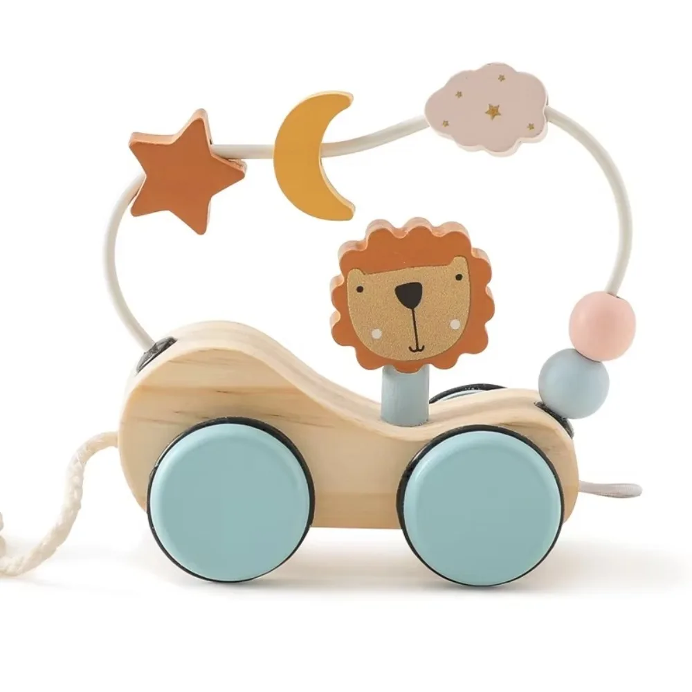 New Moon Surround Wooden Dragging Car Animal Block Handmade Hand Coordination Toy Montessori Toys Gifts