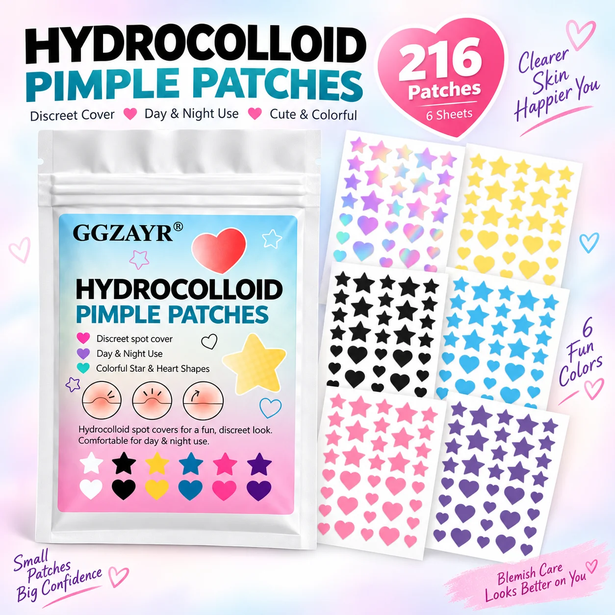 216PCS Star and Heart Pimple Patches, 6 Color Cute Hydrocolloid Face Stickers for School, Parties and Daily Beauty Looks