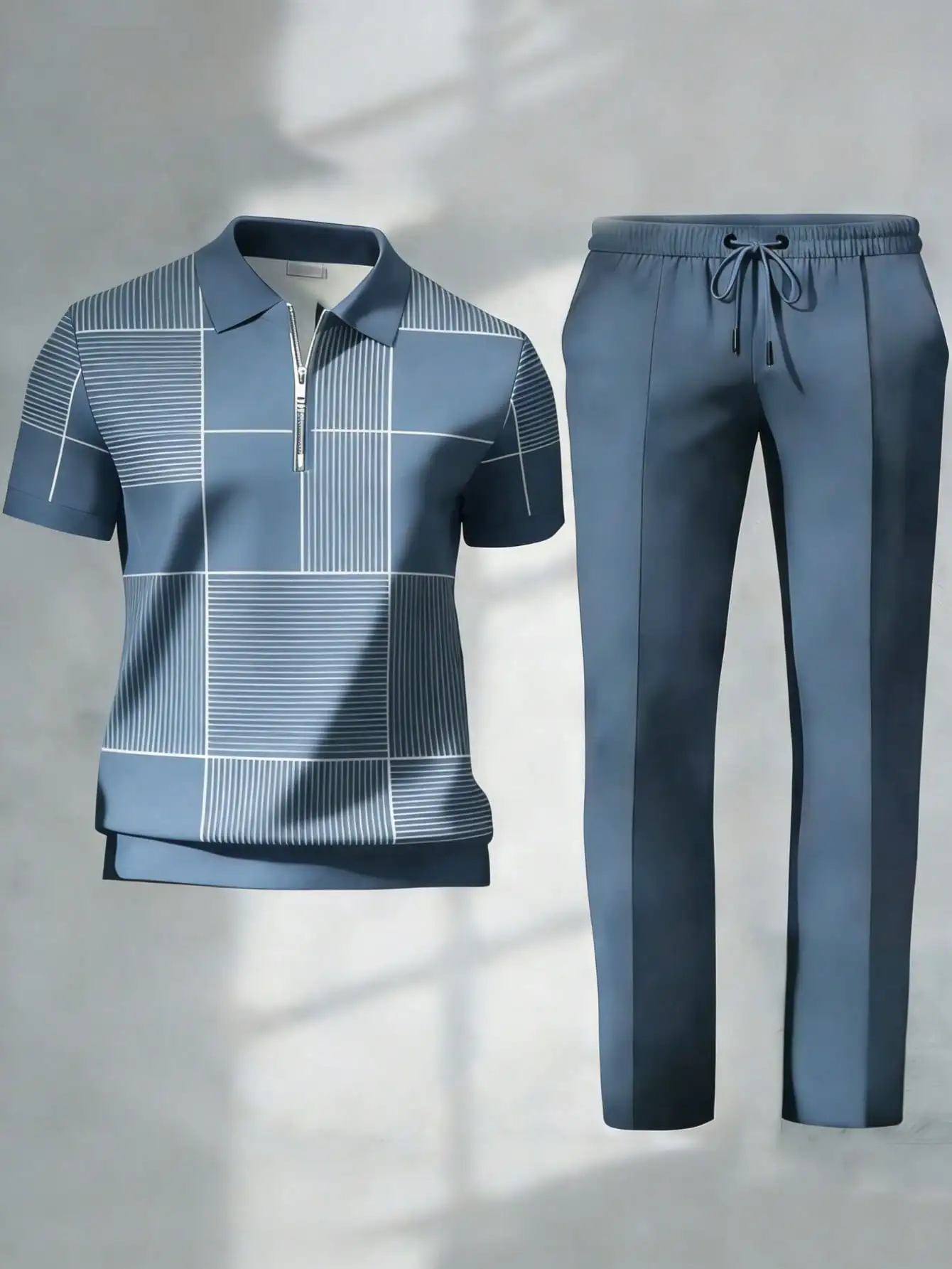 Conjunto Deportivo de Dos Piezas para Hombre, Camisa Polo a Cuadros Azul y Blanco y Pantalones Ajustados, Ideal para el Uso Diario