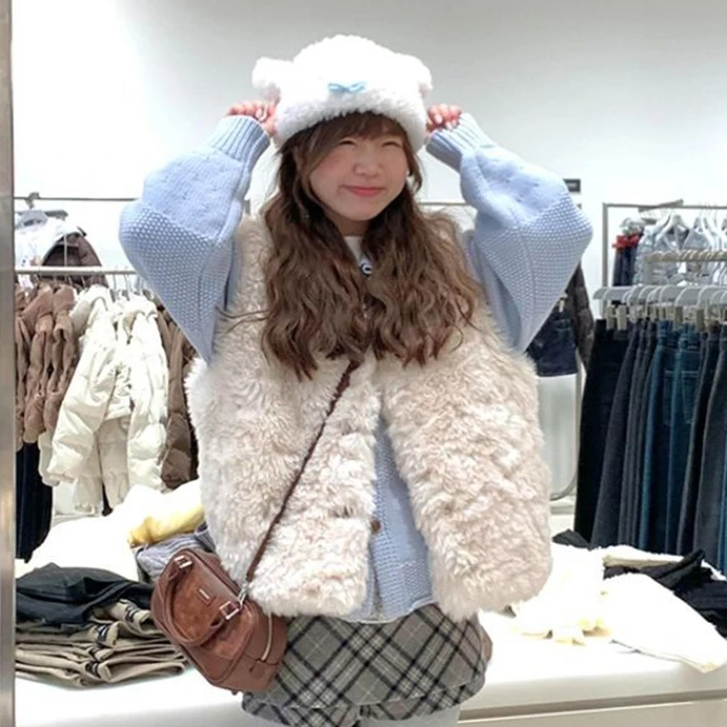 Korean Fuzzy Faux Fur Women Vest Sleeveless Thick Warm Solid Tank Loose Streetwear Retro Winter Outerwear Cardigan Top