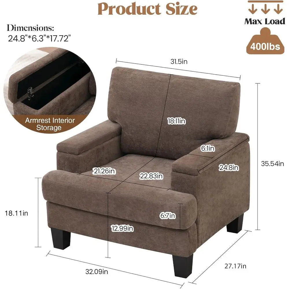 ern Upholstered Living Room Chairs, Accent Chair with Storage Armrest, Comy Large Armchair, abric Single Soa ReadingChair or Bed