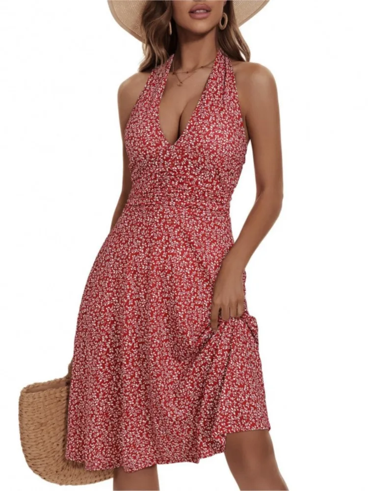 

New Summer Elegant Floral Dress V-neck Halter Neck Waist-hugging Large Sway Fashionable Casual Commuter Backless Dress Females