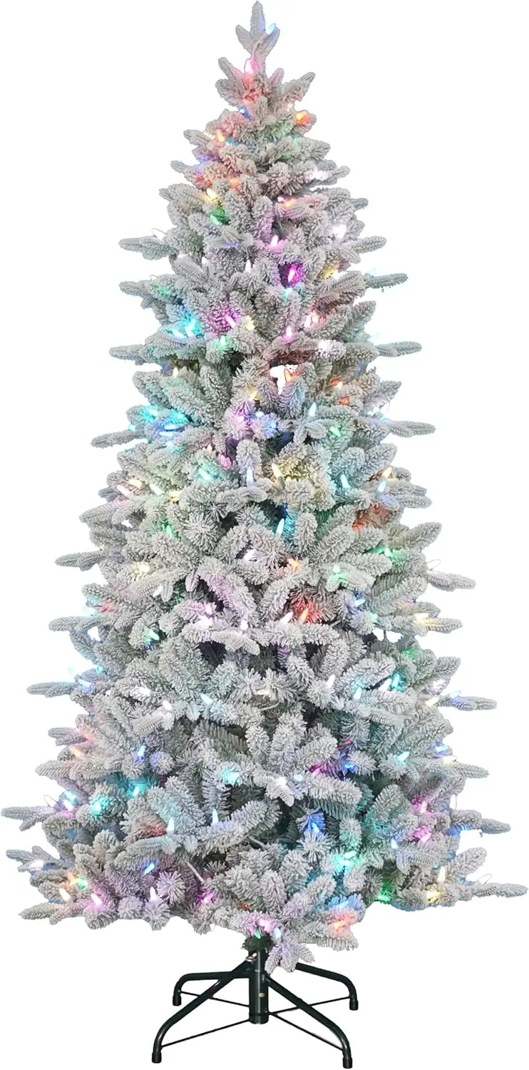 Flocked Prelit Christmas Tree 6.5Ft Tall, Smart Led Color Changing Lights, App & Voice Controlsmart Led, Compatible With Alexa