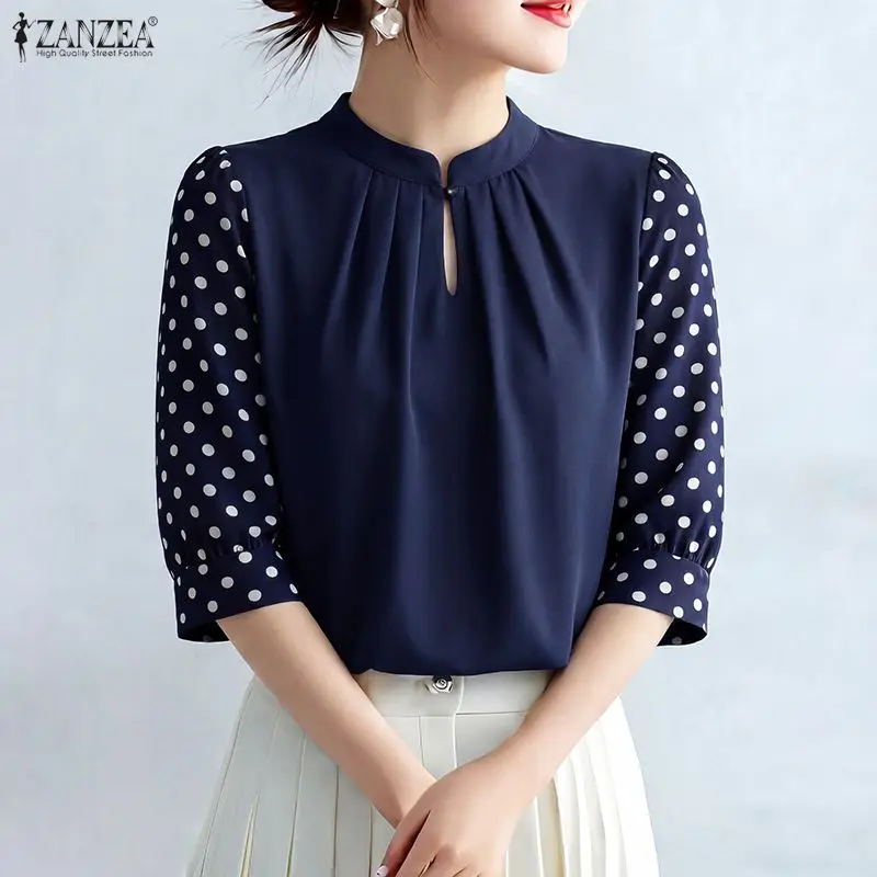ZANZEA Blusas elegantes para mujer, blusas con lunares, mangas abullonadas 3/4, cuello alto, blusas fruncidas, blusas informales para primavera y verano