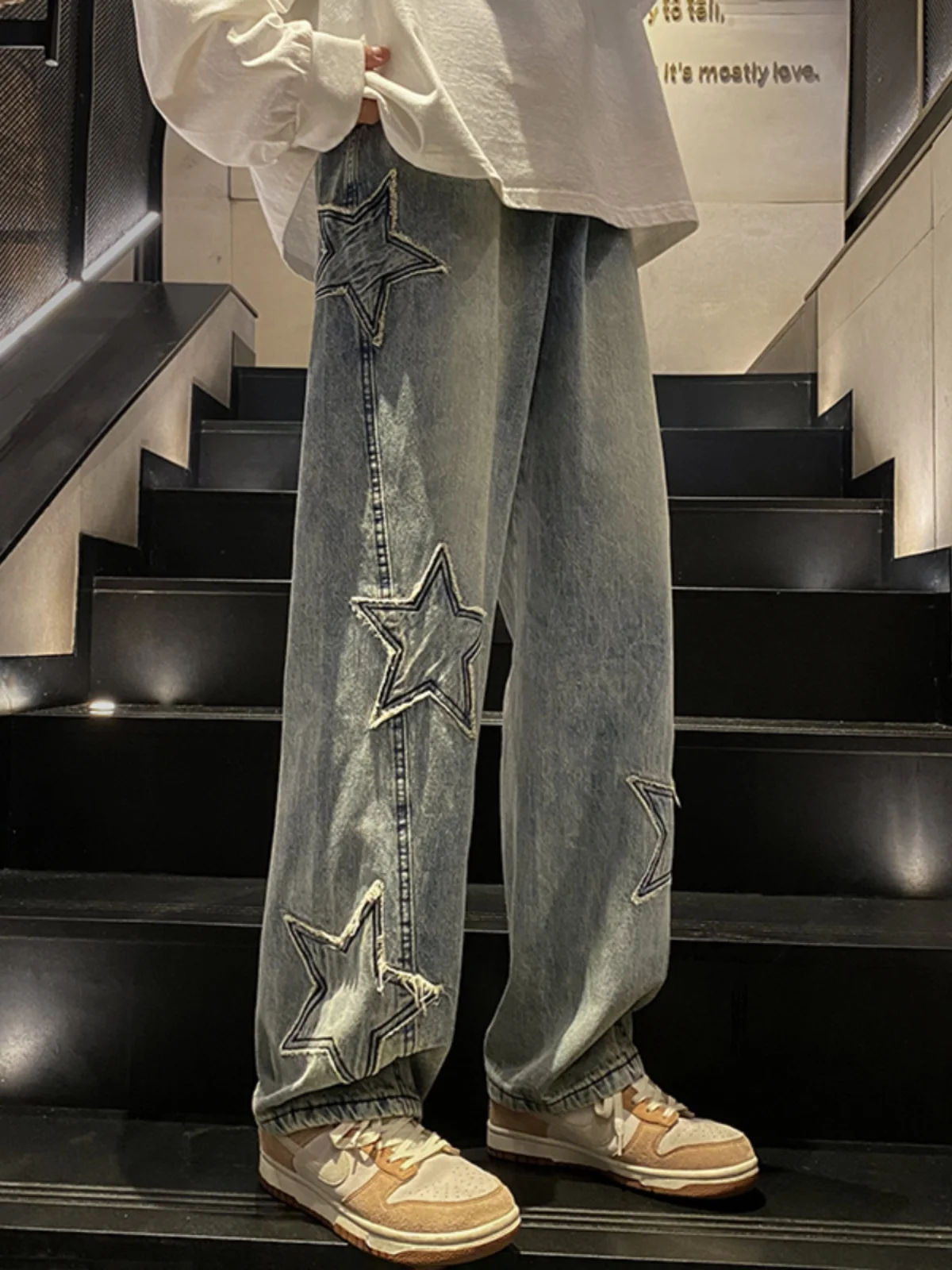 

Men's Straight Leg Jeans mid Waist Water Waed Embroidery Design Spring Autumn Wear Resistant Loose Fit Teenagers Faion