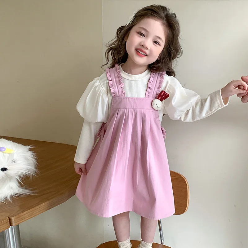 

Autumn Children Girls 2 Piece Clothes Set Cotton Lantern Long Sleeve Undershirt Suits Rabbit Ears Kids Girl Strappy Dress Outfit