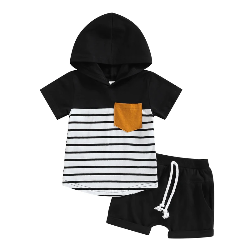 

Toddler Boys Clothes Set 2023 Summer Newborn Short Sleeve Hooded Stripes Print Shirt Tops Short Pants Casual Two Piece Outfits