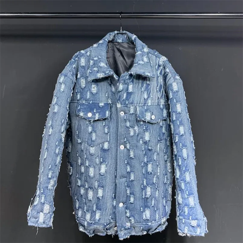 

Customized autumn winter new distressed denim jacket cotton coat safari style winter men women padded jacket Y4170