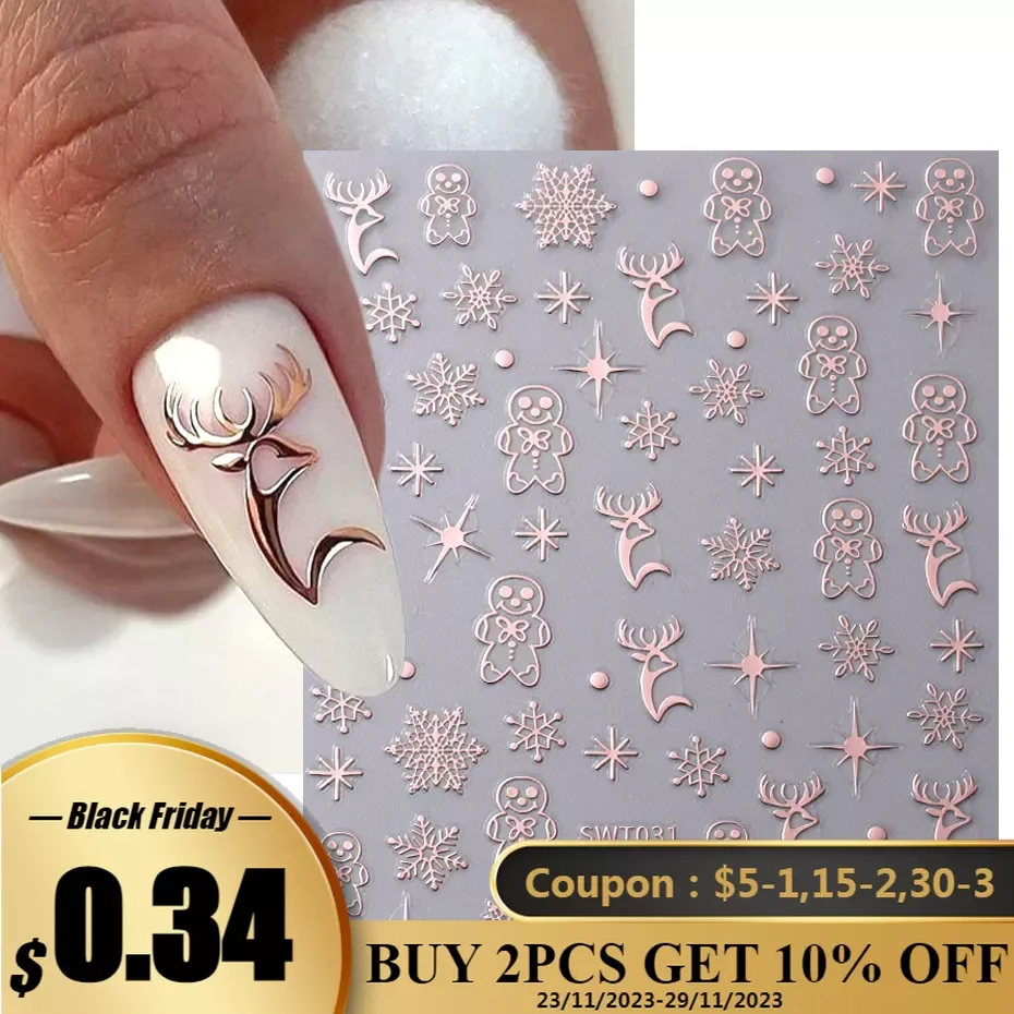 3D Rose Gold Christmas Nail Art Stickers Metallic Elk Snowflake Cookie Man Stars Geometric Lines Winter Xmas New Year Decoration