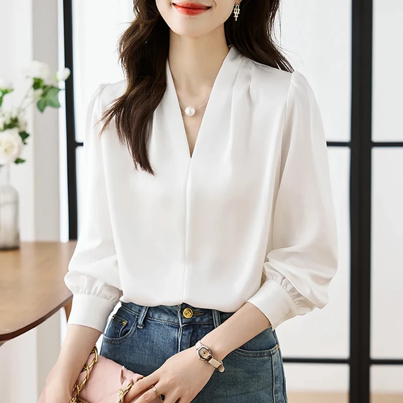 Blusa de Gasa Blanca con Cuello en V y Manga Larga para Mujer, Blusa de Oficina, Blusa Elegante, Blusas Mujer de Moda 2026 G794