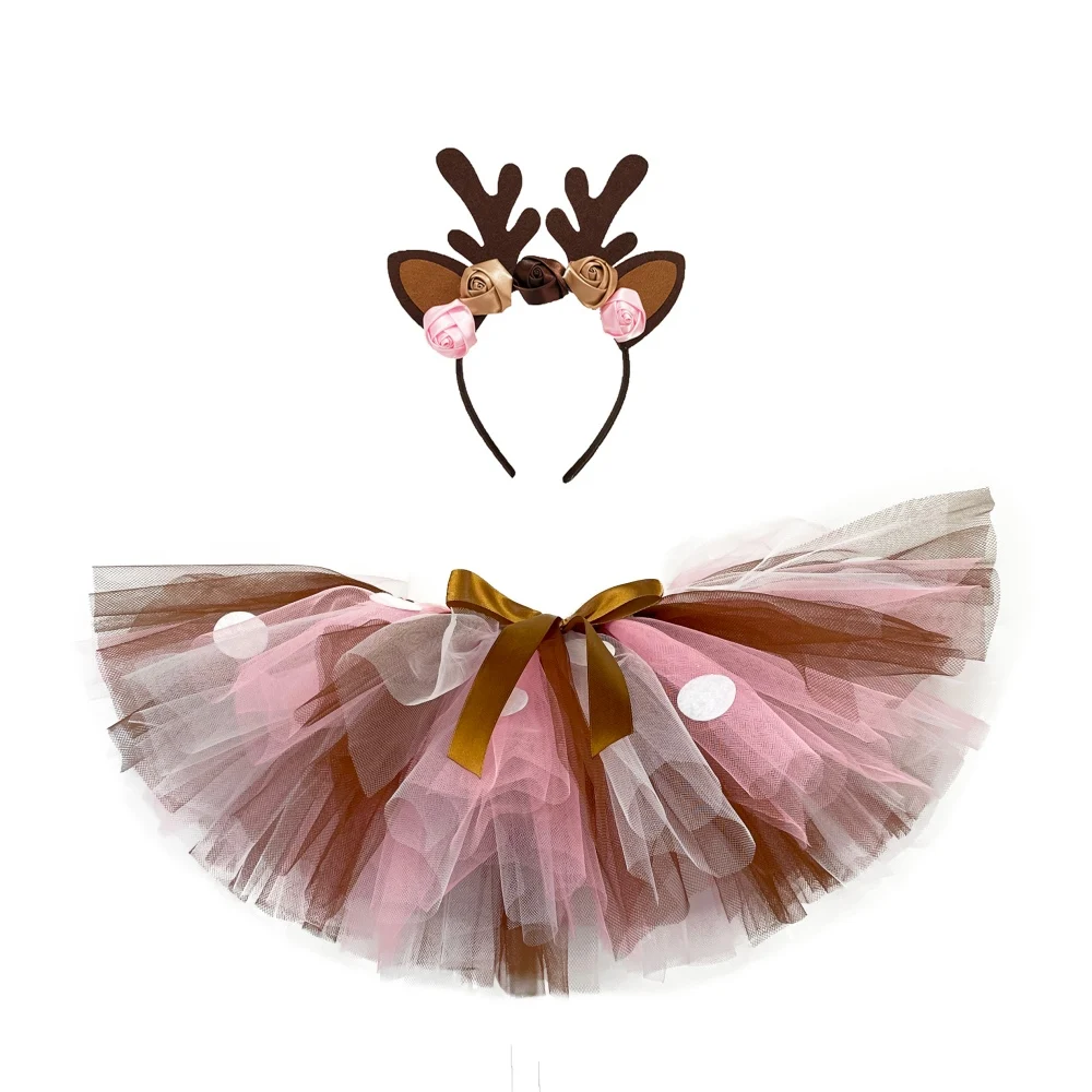 Niedliche Hirsch-Tutu-Röcke für Mädchen, Kinder-Tüll-Pettiskirts mit weißen Punkten, Haarschleifen-Set, Kinder-Halloween-Rentier-Kostüme, Weihnachtskleidung