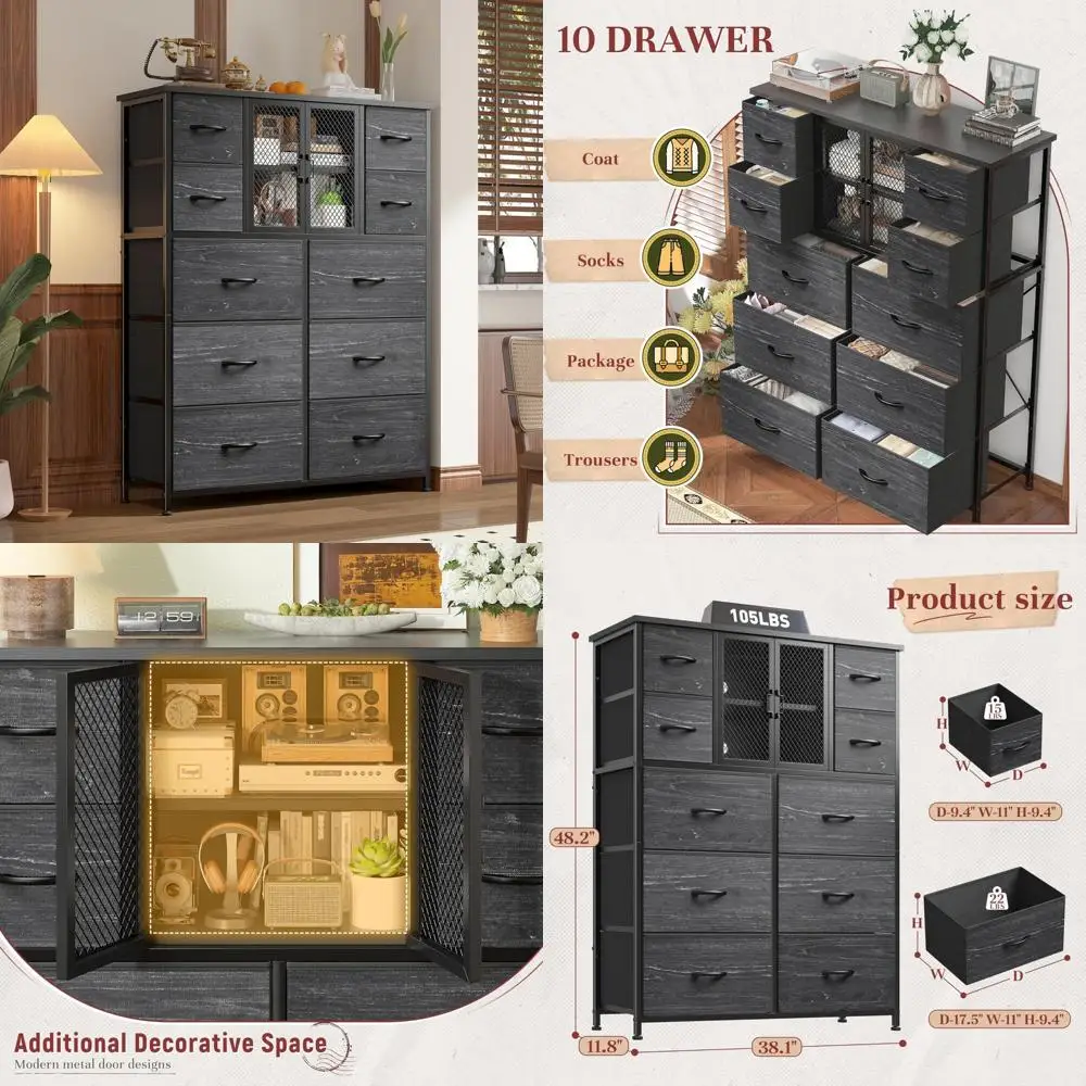 

Комод для спальни с 10 ящиками и сетчатой дверцей, черный металлический каркас, деревянная столешница, тканевые ящики, вместительный комод для хранения 48,2