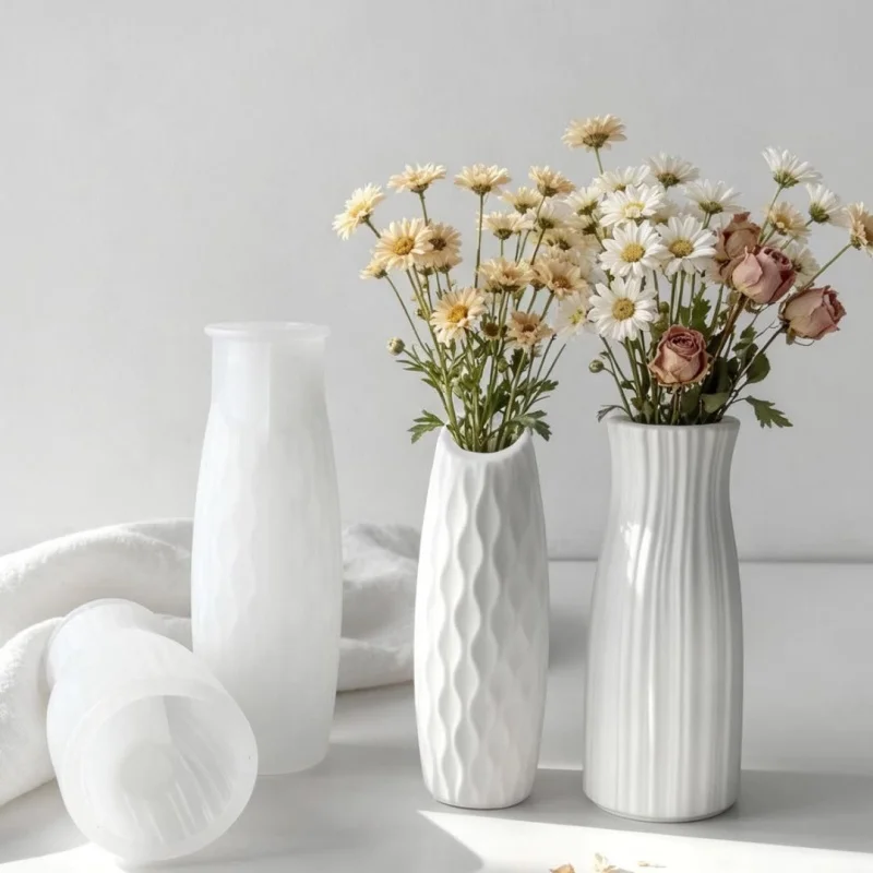 DIY Flat/Bevel Opening Vase Plaster Silicone Mold Handmade Stripe Flower Vase Cement Gypsum Resin Molds Home Decoration Crafts view 2