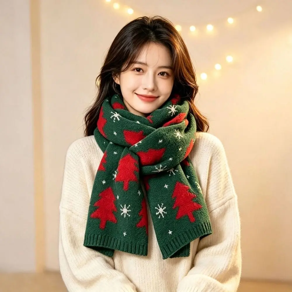 Warm Red Knitted Christmas Scarf Green Long Winter Knitted Scarves Jacquard Thickened Plaid Wool Scarf New Year