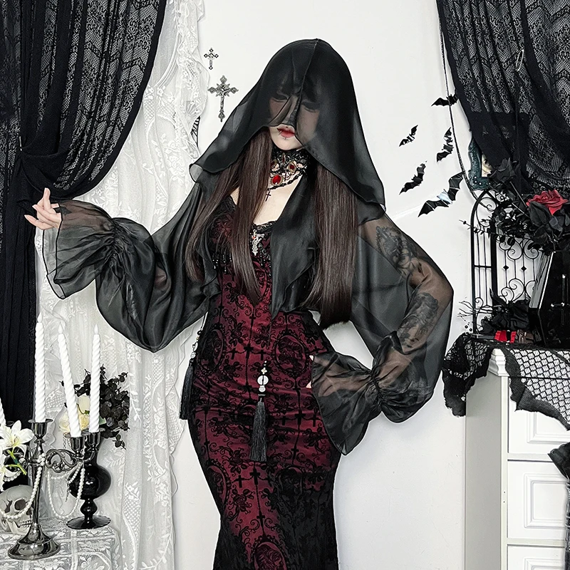 

Dark See Through Holloween Tassel Hoodie Smocks Gothic Holiday Long Sleeve Hoodies Partywear Fashion Women Summer Cloak Tops