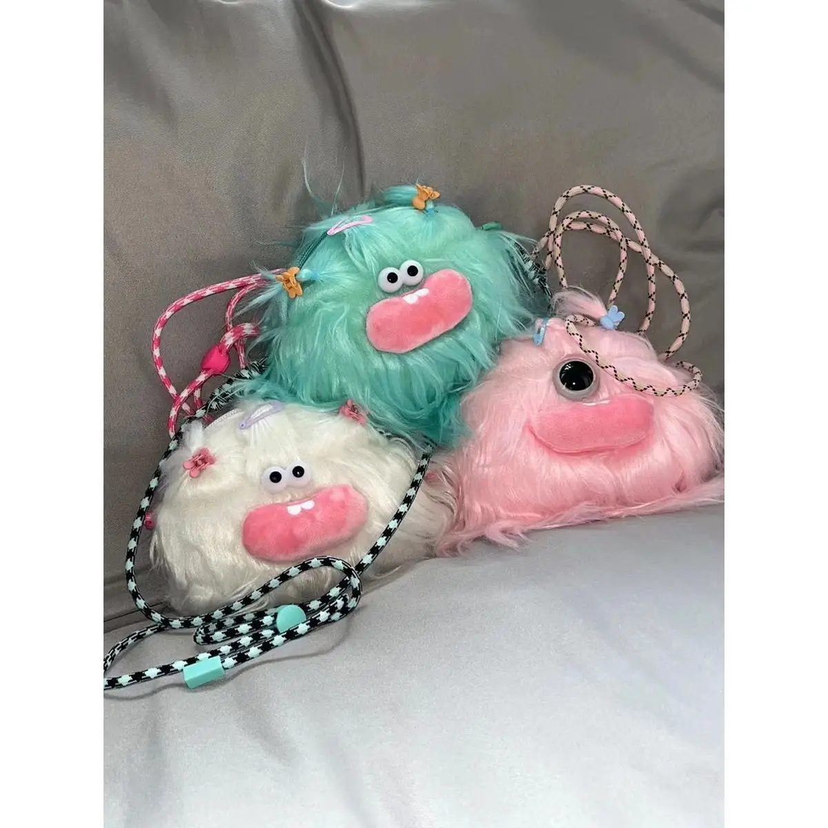 1pc Ugly And Cute Fried Hair Doll Crossbody Bag Womeng Fashion Girls Cartoon Animal Plush Purse Japanese Kawaii Handbag Female