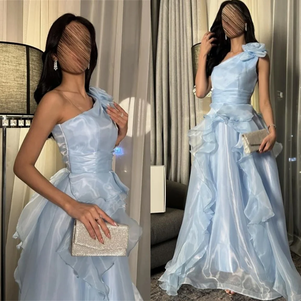 Sukienka wieczorowa szyfonowa w kolorze niebieskim, wysokiej jakości, szyta na miarę, elegancka sukienka koktajlowa z dekoltem w łódkę, na jedno ramię, delikatna sukienka na powrót do domu.