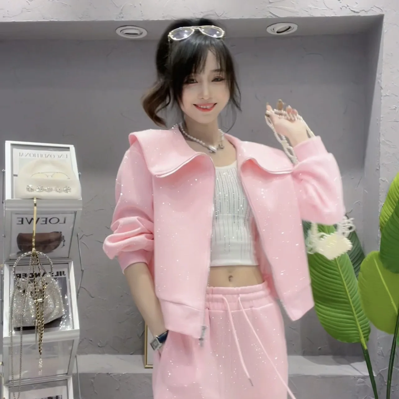 Spring 2023 Hot Drilling Sports Tracksuit Women Doll Collar Sweet Pink Cardigan Coat Outerwear Casual Sweatpants Two-Piece Sets