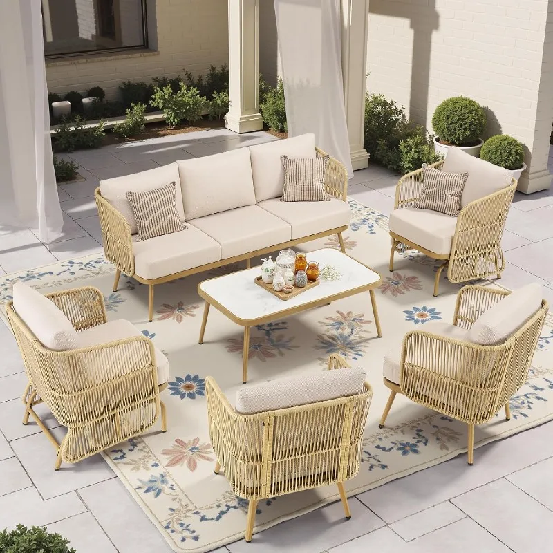 home.Patio Furniture Set-6 Pieces All-Weather Wicker Outdoor Furniture with Coffee Table and Rocking Wicker Chairs, Patio Conver