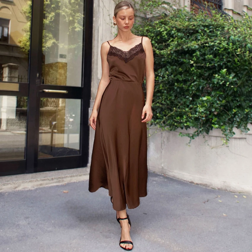Linad Elegant Brown Satin Long Straight Dress Sexy Lace High Waist Dresses Female Street Chic Slim Spaghetti Strap Dress 2025