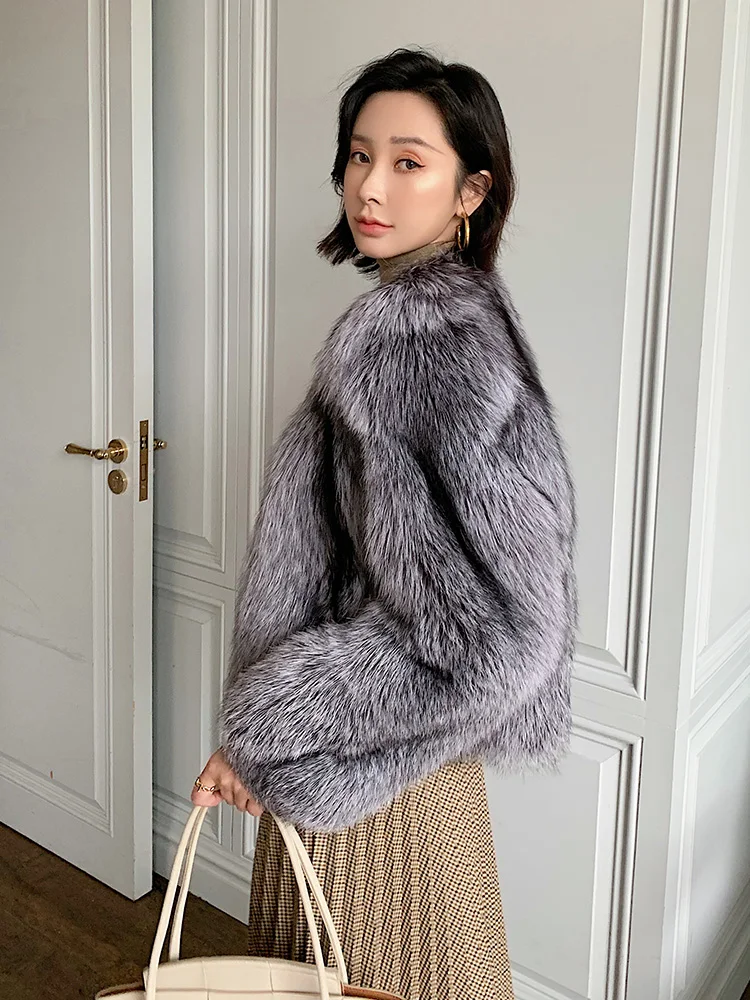 Winter Super Luxury Silver Fox Fur Full Skin Coat Bright Color Women Silver Fox Fur Outfit Jacket