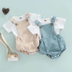 Summer Toddler Newborn Baby Boys Girls Clothes Sets Solid Ribbed Knitted Short Sleeve T-shirts+Button Suspender Rompers Outfits