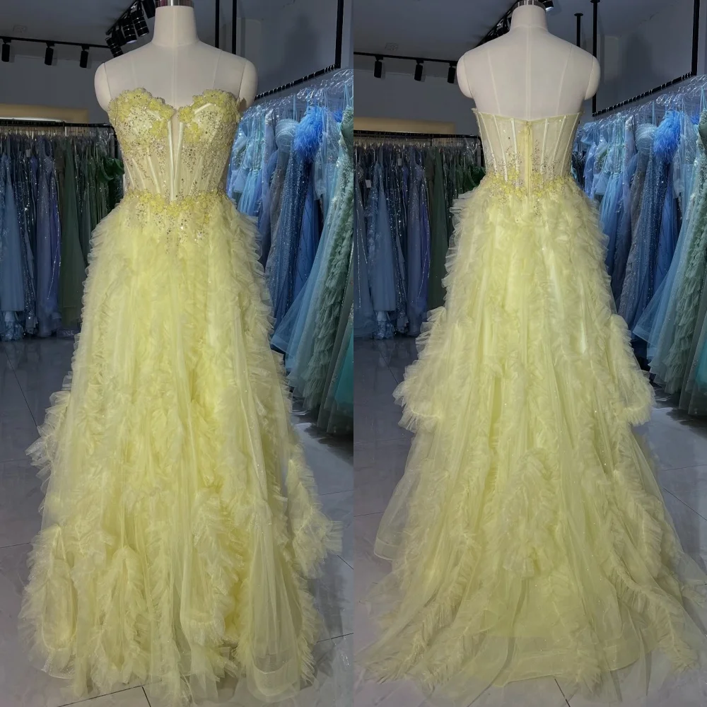 

Customized Fashion Classic Tulle Handmade Flower Sequined A-line Strapless Long Dresses Bespoke Occasion Dresses Sizes Available