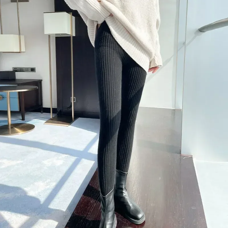 Knitted Leggings Autumn Winter Women Ins High Waist Casual Wool Korean Trousers Ribbed Thicken Elasticity Ankle-Length Pants