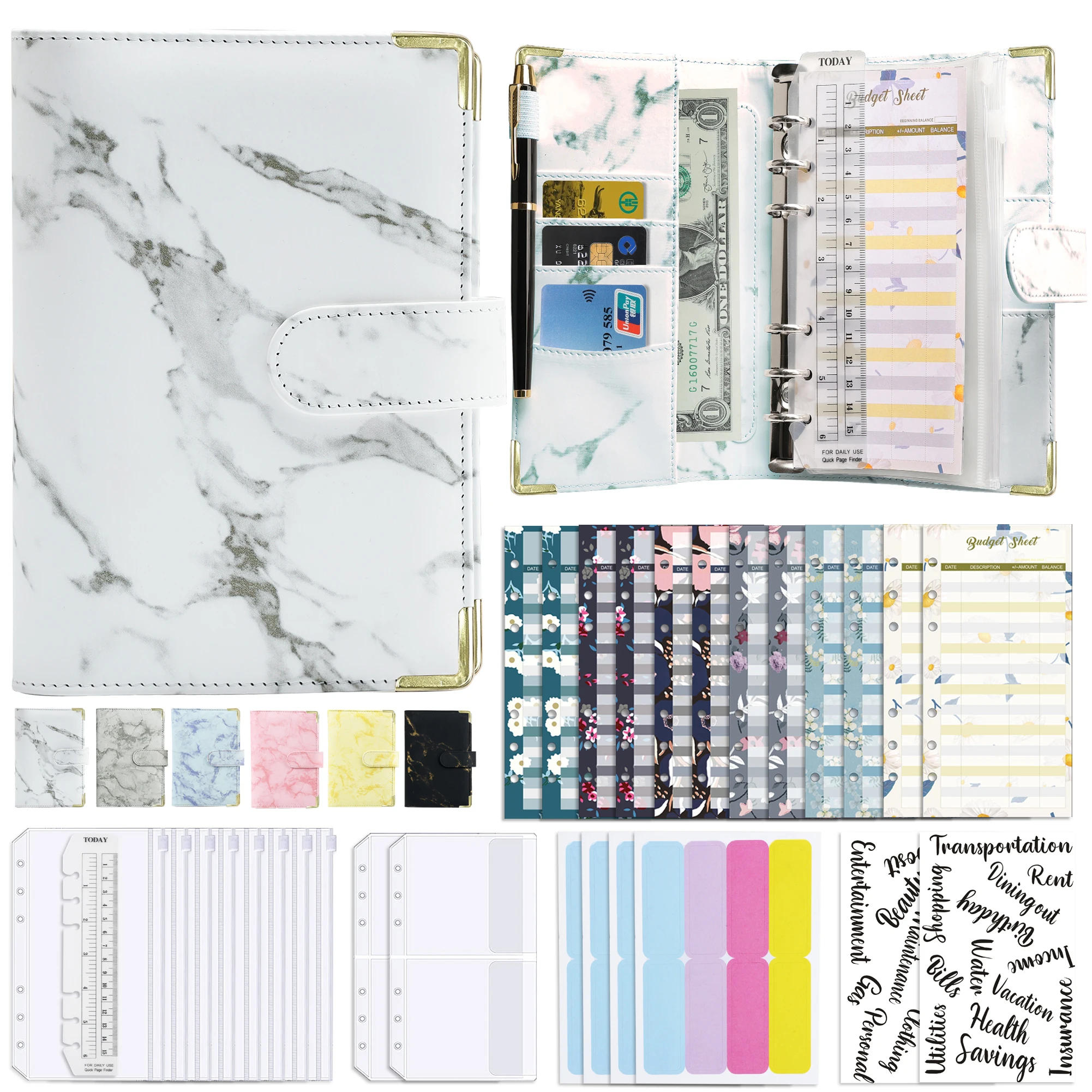 

A6 Marble Money Budget Planner Notebook Pu Leather Loose-leaf Zipper Binder Cash Envelopes Organizer Notepad Agenda Diary