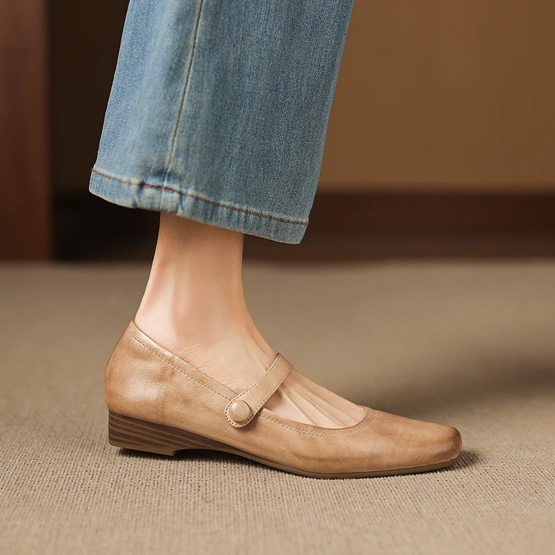 Women's Cow Leather Square Toe Slip-on Mary Jane Flats High Quality Soft Comfortable Elegant Ladies Slim Daily Shoes for Woman