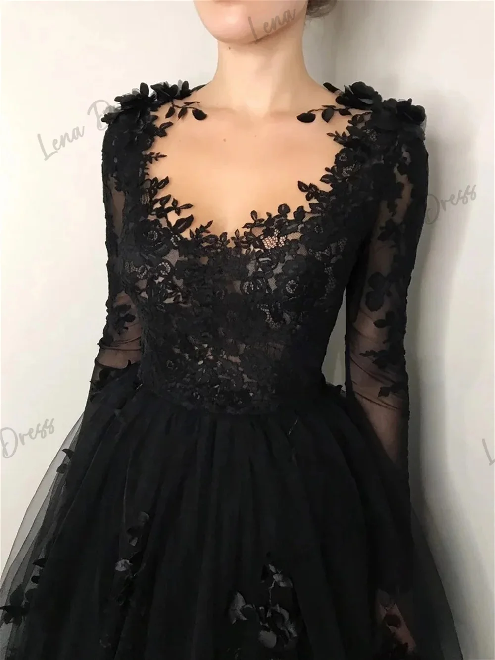 Lena Graduation Dresses for Formal Occasions Lace Embroidered Long Sleeve A Line Sexy Black 3D Flowers Serin Evening Dresses